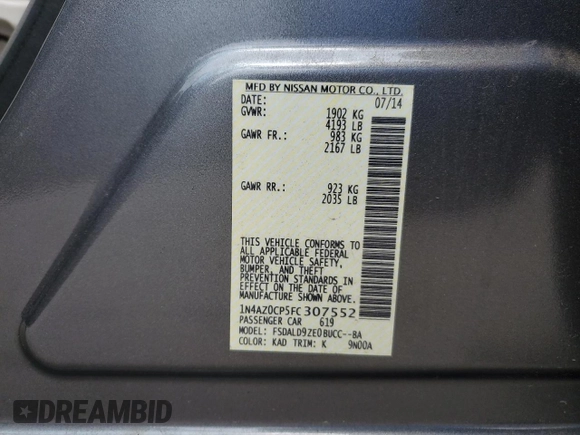 2015 Nissan LEAF SV with VIN 1N4AZ0CP5FC307552, listed as a Copart auction lot 56620624 with 40,007 mi miles and Salvage Title. Bid and sale history available at carsss.com. Image 14.