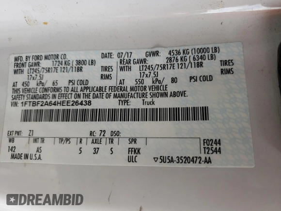 2017 Ford F-250 XL with VIN 1FTBF2A64HEE26438, listed as a Copart auction lot 45762404 with 133,077 mi miles and Salvage title. Bid and sale history available at DreamBid. Image 12.