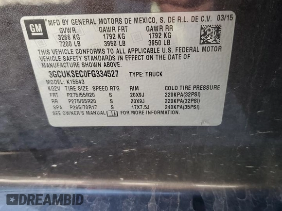 2015 Chevrolet Silverado 1500 LTZ with VIN 3GCUKSEC0FG334527, listed as a Copart auction lot 50331955 with 134,937 mi miles and Salvage Title. Bid and sale history available at DreamBid. Image 12.