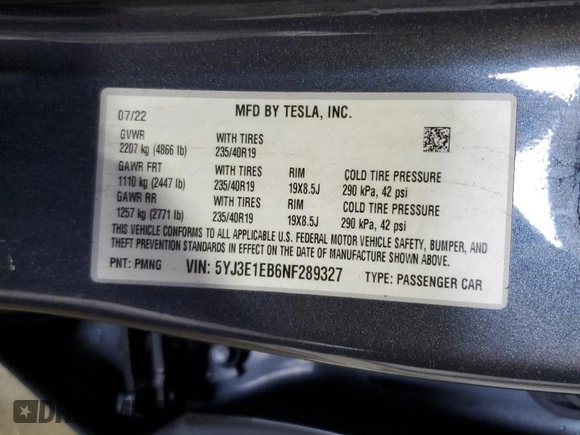 2022 Tesla Model 3 Long Range z VIN 5YJ3E1EB6NF289327, wystawiony jako Copart lot #58176825 z przebiegiem 120 883 mil mil oraz Czysty tytuł • Clean title. Historia ofert i sprzedaży dostępna na DreamBid. Obrazek 12.