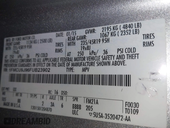 2015 Ford Escape Titanium z VIN 1FMCU9J96FUB23902, wystawiony jako IAAI lot #42497188 z przebiegiem 164 452 mil mil oraz . Historia ofert i sprzedaży dostępna na DreamBid. Obrazek 9.
