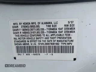 2007 Honda Odyssey Touring with VIN 5FNRL38887B081562, listed as a IAAI auction lot 42000435 with 238,287 mi miles and . Bid and sale history available at DreamBid. Image 9.