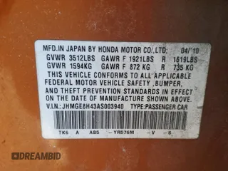 2010 Honda Fit Sport with VIN JHMGE8H43AS003940, listed as a Copart auction lot 51566795 with 181,050 mi miles and Non Repairable. Bid and sale history available at carsss.com. Image 12.