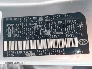 2022 Toyota Camry SE with VIN 4T1G11AK1NU002157, listed as a IAAI auction lot 41647629 with 89,189 mi miles and . Bid and sale history available at DreamBid. Image 9.