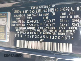 2017 Kia Sorento LX with VIN 5XYPGDA56HG209874, listed as a IAAI auction lot 42041004 with 151,205 mi miles and . Bid and sale history available at carsss.com. Image 9.