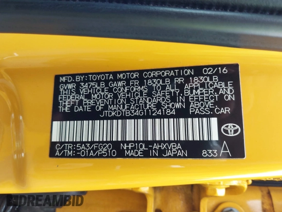2016 Toyota Prius One with VIN JTDKDTB34G1124184, listed as a IAAI auction lot 41809631 with 97,895 mi miles and . Bid and sale history available at DreamBid. Image 9.