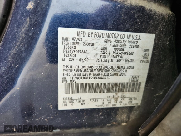 2003 Ford Escape XLT Popular with VIN 1FMCU03123KA03878, listed as a Copart auction lot 60133485 with 298,100 mi miles and Salvage title. Bid and sale history available at DreamBid. Image 12.