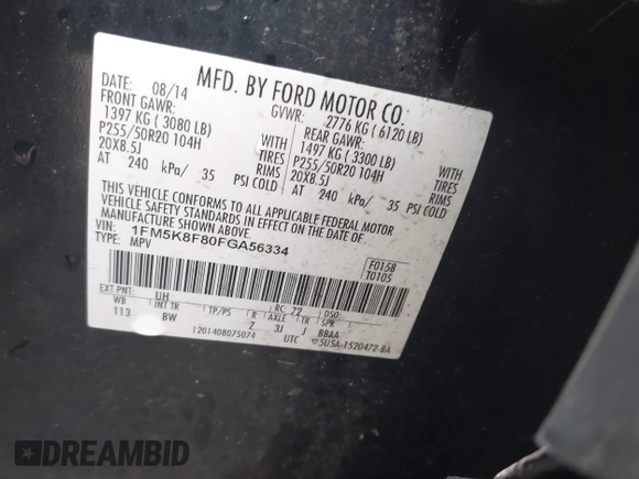 2015 Ford Explorer Limited with VIN 1FM5K8F80FGA56334, listed as a IAAI auction lot 41917619 with 102,395 mi miles and . Bid and sale history available at DreamBid. Image 9.