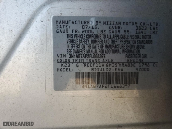 2015 Nissan Sentra SV with VIN 3N1AB7AP2FL668397, listed as a Copart auction lot 54011825 with 16,142 mi miles and Clean Title. Bid and sale history available at carsss.com. Image 12.