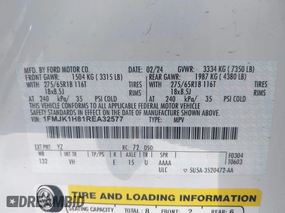 2024 Ford Expedition Max XLT with VIN 1FMJK1H81REA32577, listed as a IAAI auction lot 42053847 with Not provided miles and . Bid and sale history available at DreamBid. Image 9.