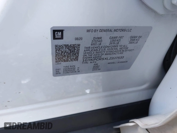 2020 Cadillac XT6 FWD Premium Luxury with VIN 1GYKPCRSXLZ207533, listed as a IAAI auction lot 41359744 with 81,689 mi miles. Bid and sale history available at carsss.com. Image 9.
