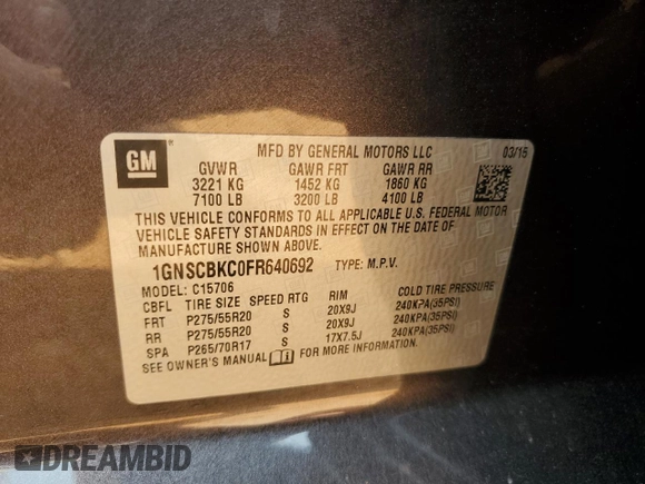 2015 Chevrolet Tahoe LT with VIN 1GNSCBKC0FR640692, listed as a Copart auction lot 59383635 with Not provided miles and Salvage title. Bid and sale history available at DreamBid. Image 13.