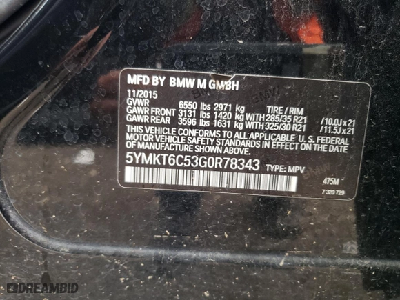 2016 BMW X5 M with VIN 5YMKT6C53G0R78343, listed as a Copart auction lot 53502584 with 123,914 mi miles. Bid and sale history available at carsss.com. Image 13.