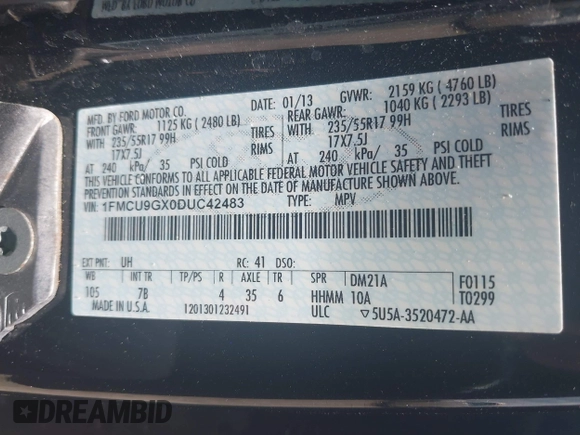 2013 Ford Escape SE with VIN 1FMCU9GX0DUC42483, listed as a IAAI auction lot 42549857 with 138,028 mi miles and . Bid and sale history available at DreamBid. Image 9.