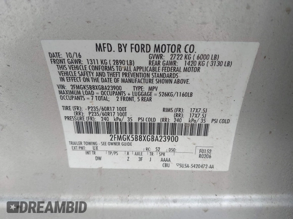 2016 Ford Flex SE z VIN 2FMGK5B8XGBA23900, wystawiony jako IAAI lot #41599714 z przebiegiem 102 961 mil mil oraz . Historia ofert i sprzedaży dostępna na DreamBid. Obrazek 9.