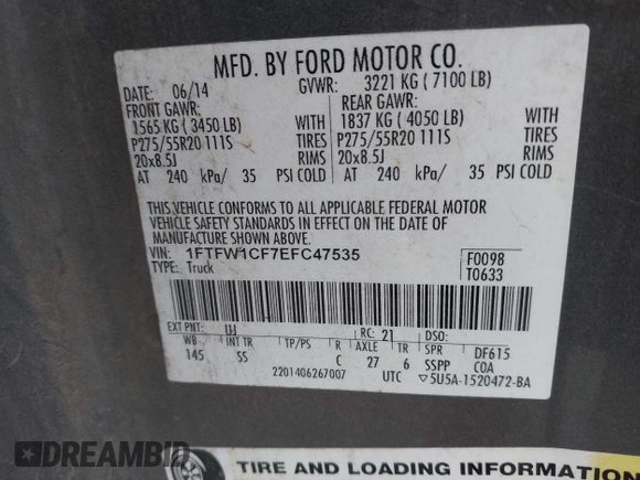 2014 Ford F-150 XL z VIN 1FTFW1CF7EFC47535, wystawiony jako IAAI lot #42319379 z przebiegiem 176 502 mil mil oraz . Historia ofert i sprzedaży dostępna na DreamBid. Obrazek 9.