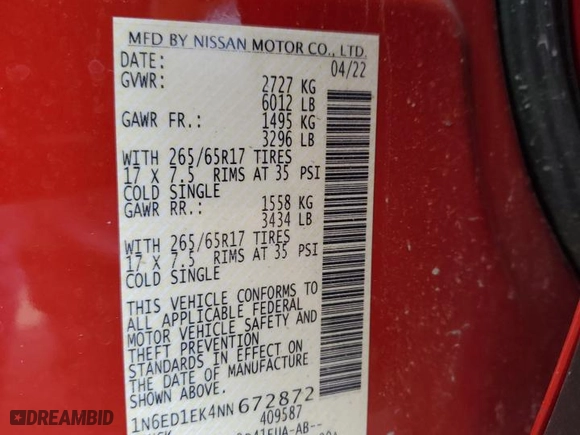 2022 Nissan Frontier PRO-4X with VIN 1N6ED1EK4NN672872, listed as a Copart auction lot 42941345 with 17,044 mi miles and Salvage Title. Bid and sale history available at carsss.com. Image 12.