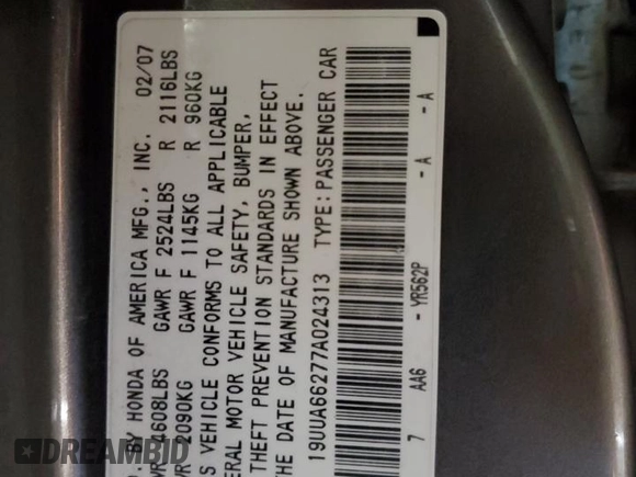 2007 Acura TL with VIN 19UUA66277A024313, listed as a Copart auction lot 45294505 with 208,642 mi miles and Non Repairable. Bid and sale history available at carsss.com. Image 12.