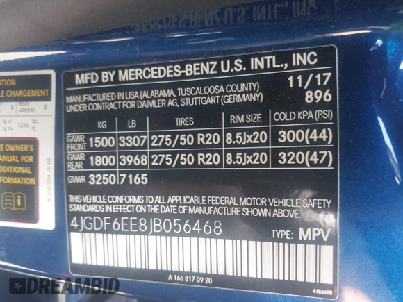 2018 Mercedes-Benz GLS with VIN 4JGDF6EE8JB056468, listed as a IAAI auction lot 42067832 with 71,876 mi miles. Bid and sale history available at carsss.com. Image 9.