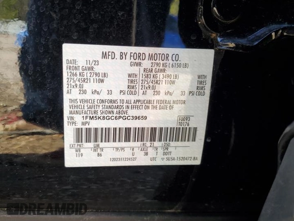 2023 Ford Explorer ST with VIN 1FM5K8GC6PGC39659, listed as a Copart auction lot 46450355 with 28,402 mi miles and Salvage Title. Bid and sale history available at carsss.com. Image 14.