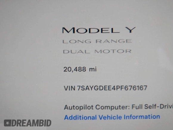 2023 Tesla Model Y Long Range with VIN 7SAYGDEE4PF676167, listed as a IAAI auction lot 42147909 with 20,488 mi miles. Bid and sale history available at carsss.com. Image 16.