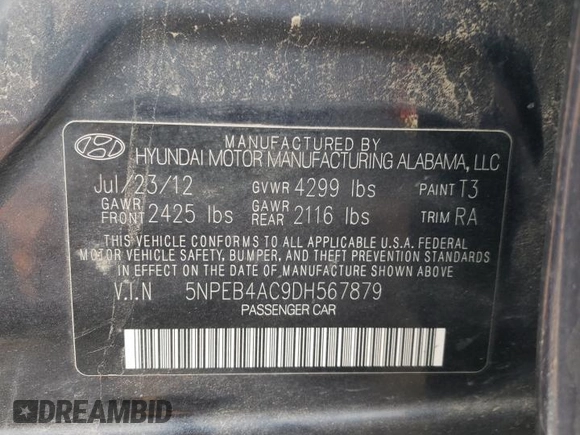 2013 Hyundai Sonata GLS with VIN 5NPEB4AC9DH567879, listed as a Copart auction lot 64246574 with 218,531 mi miles and Clean Title. Bid and sale history available at carsss.com. Image 12.