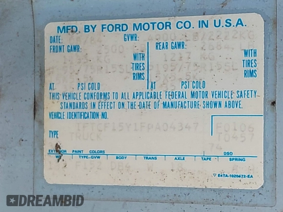 1985 Ford F-150 with VIN 1FTCF15Y1FPA04347, listed as a IAAI auction lot 41767150 with 39,229 mi miles. Bid and sale history available at carsss.com. Image 9.