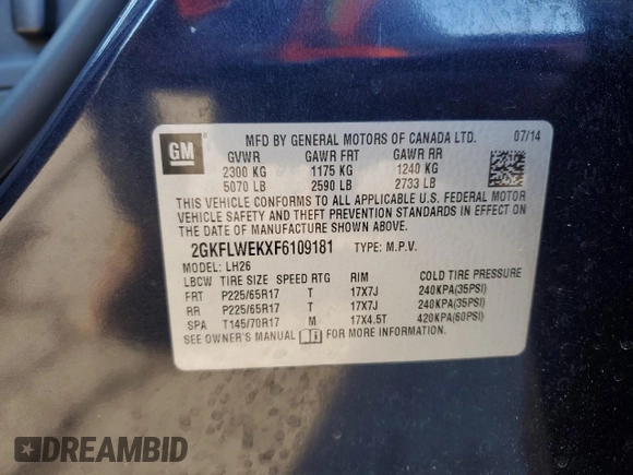 2015 GMC Terrain SLE with VIN 2GKFLWEKXF6109181, listed as a Copart auction lot 88715215 with 124,425 mi miles and Salvage Title. Bid and sale history available at DreamBid. Image 15.