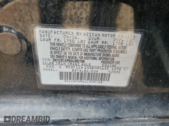 2016 Nissan Versa SV with VIN 3N1CN7AP6GL892788, listed as a Copart auction lot 51247085 with 79,674 mi miles and Salvage Title. Bid and sale history available at DreamBid. Image 13.
