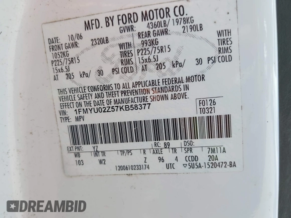 2007 Ford Escape XLS с VIN 1FMYU02Z57KB58377, выставлен на аукционе IAAI как лот 42715229 с пробегом 215 926 миль миль и . История ставок и продаж доступна на DreamBid. Изображение 9.