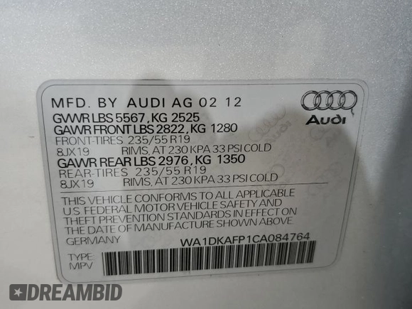 2012 Audi Q5 Premium Plus z VIN WA1DKAFP1CA084764, wystawiony jako Copart lot #60432335 z przebiegiem 122 946 mil mil oraz Szkoda całkowita • Salvage title. Historia ofert i sprzedaży dostępna na DreamBid. Obrazek 13.