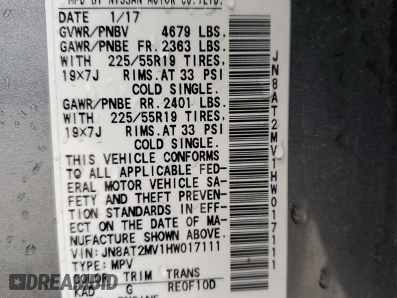 2017 Nissan Rogue S with VIN JN8AT2MV1HW017111, listed as a Copart auction lot 52880605 with 100,735 mi miles and Salvage Title. Bid and sale history available at carsss.com. Image 13.
