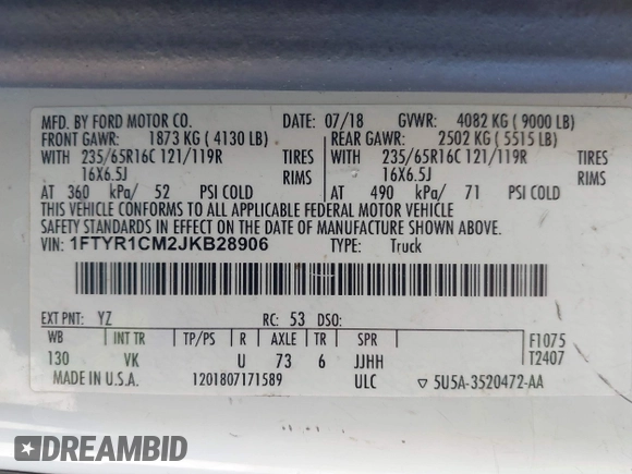 2018 Ford Transit with VIN 1FTYR1CM2JKB28906, listed as a IAAI auction lot 40822222 with 130,094 mi miles and . Bid and sale history available at DreamBid. Image 9.