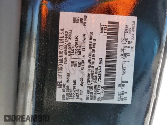 2003 Ford F-150 XL with VIN 1FTRF17263NA31862, listed as a Copart auction lot 45713375 with Not Provided miles and Salvage Title. Bid and sale history available at DreamBid. Image 13.