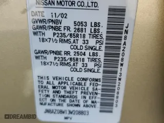 2003 Nissan Murano SL with VIN JN8AZ08W13W208803, listed as a Copart auction lot 89105015 with 113,816 mi miles and Salvage Title. Bid and sale history available at carsss.com. Image 14.