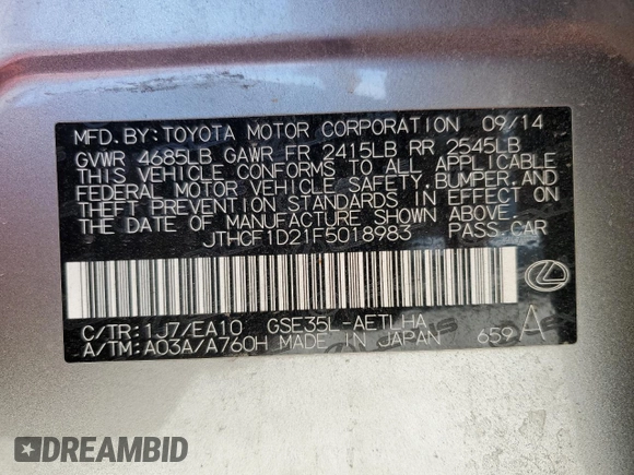 2015 Lexus IS 250 with VIN JTHCF1D21F5018983, listed as a Copart auction lot 57427525 with 129,062 mi miles and Salvage title. Bid and sale history available at DreamBid. Image 12.