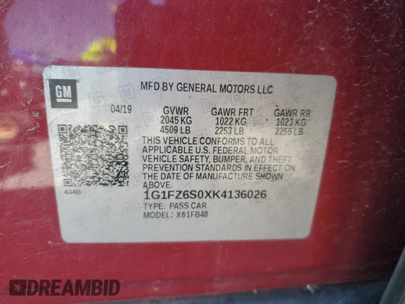 2019 Chevrolet Bolt EV Premier with VIN 1G1FZ6S0XK4136026, listed as a Copart auction lot 56535835 with 107,710 mi miles and Salvage title. Bid and sale history available at DreamBid. Image 13.