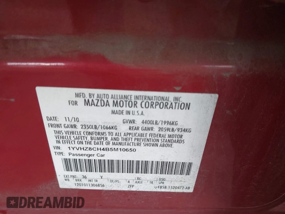 2011 Mazda 6 i Grand Touring with VIN 1YVHZ8CH4B5M10650, listed as a IAAI auction lot 42492366 with 147,945 mi miles and . Bid and sale history available at DreamBid. Image 9.
