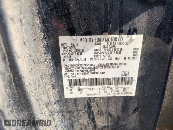 2013 Ford F-150 XL with VIN 1FTMF1EM2DKF00740, listed as a Copart auction lot 51365955 with 71,079 mi miles and Salvage title. Bid and sale history available at DreamBid. Image 12.
