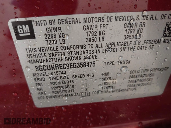 2014 Chevrolet Silverado 1500 LT with VIN 3GCUKREC9EG358476, listed as a IAAI auction lot 41866756 with 210,880 mi miles and . Bid and sale history available at DreamBid. Image 9.