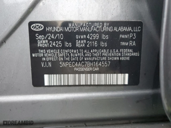 2011 Hyundai Sonata SE with VIN 5NPEC4AC7BH164557, listed as a Copart auction lot 47176555 with 0 mi miles and Salvage Title. Bid and sale history available at carsss.com. Image 13.