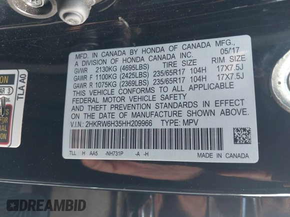 2017 Honda CR-V LX with VIN 2HKRW6H35HH209966, listed as a IAAI auction lot 42043445 with 159,073 mi miles. Bid and sale history available at carsss.com. Image 9.