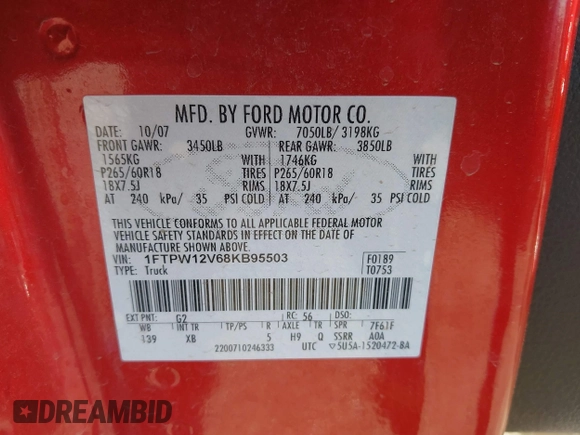 2008 Ford F-150 XLT с VIN 1FTPW12V68KB95503, выставлен на аукционе IAAI как лот 41631478 с пробегом 118 534 миль миль и . История ставок и продаж доступна на DreamBid. Изображение 9.