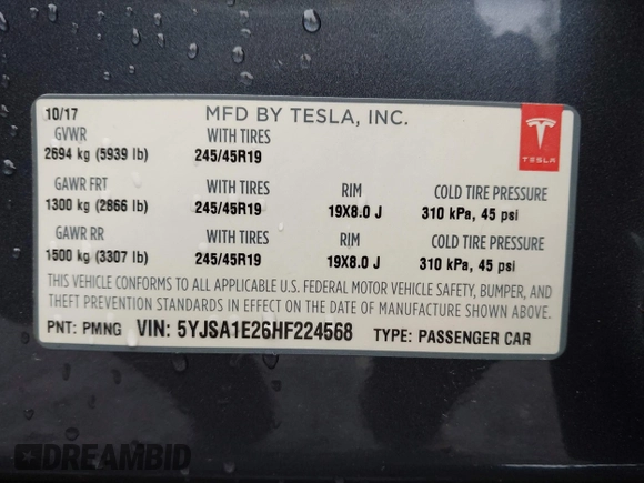 2017 Tesla Model S 100D with VIN 5YJSA1E26HF224568, listed as a IAAI auction lot 42140201 with 102,403 mi miles. Bid and sale history available at carsss.com. Image 9.