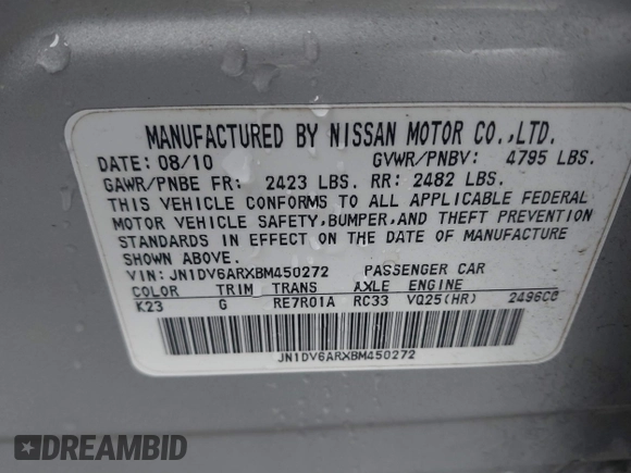2011 Infiniti G25 Sedan x with VIN JN1DV6ARXBM450272, listed as a IAAI auction lot 41842682 with 214,147 mi miles. Bid and sale history available at carsss.com. Image 9.
