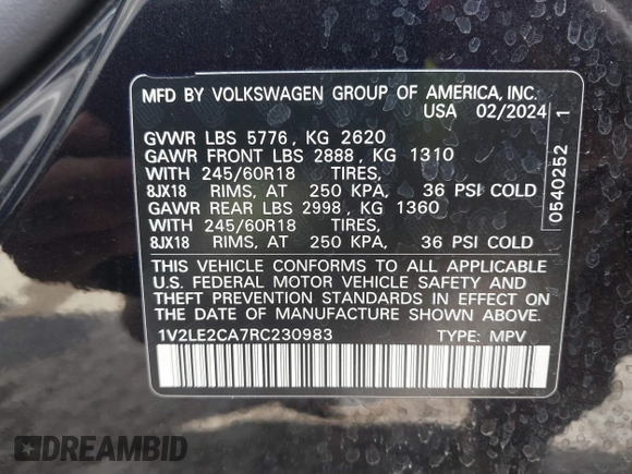 2024 Volkswagen Atlas SE z VIN 1V2LE2CA7RC230983, wystawiony jako IAAI lot #41786500 z przebiegiem 34 241 mil mil oraz . Historia ofert i sprzedaży dostępna na DreamBid. Obrazek 9.