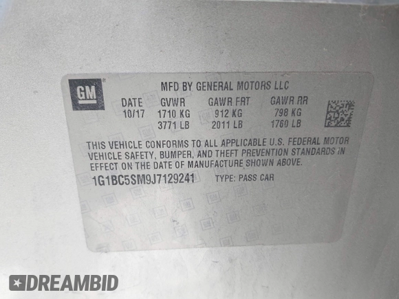 2018 Chevrolet Cruze LS with VIN 1G1BC5SM9J7129241, listed as a IAAI auction lot 41589811 with 66,721 mi miles and . Bid and sale history available at DreamBid. Image 9.