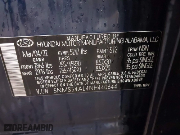 2022 Hyundai Santa Fe Calligraphy with VIN 5NMS54AL4NH440644, listed as a IAAI auction lot 41491812 with 29,671 mi miles. Bid and sale history available at carsss.com. Image 9.
