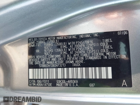 2006 Toyota Tundra SR5 with VIN 5TBRU34136S473213, listed as a IAAI auction lot 41323012 with 96,023 mi miles. Bid and sale history available at carsss.com. Image 9.
