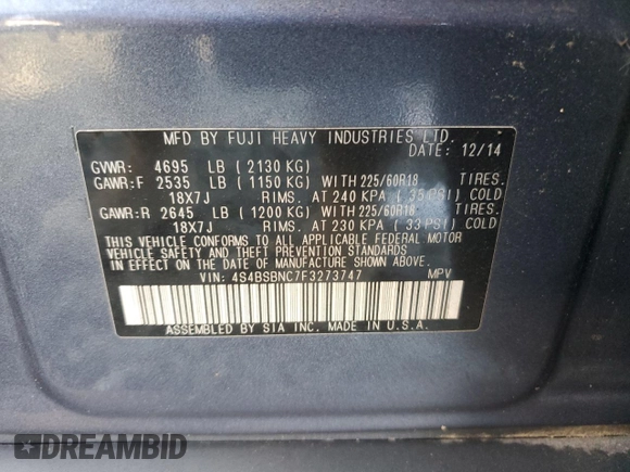 2015 Subaru Outback Limited z VIN 4S4BSBNC7F3273747, wystawiony jako Copart lot #43905655 z przebiegiem 113 188 mil mil oraz Szkoda całkowita • Salvage title. Historia ofert i sprzedaży dostępna na DreamBid. Obrazek 15.
